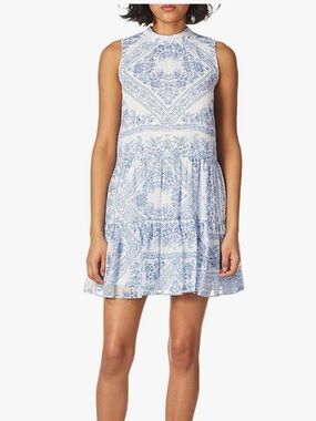Calvin Klein White and Light Blue Sleeveless Print Mini Dress